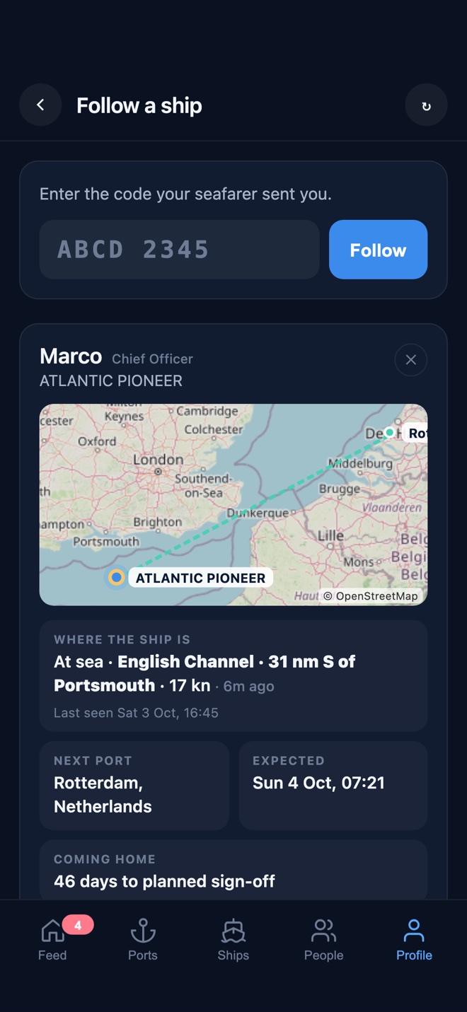 The family view of a ship's position and next port