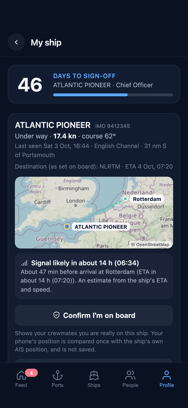 A ship's page with her position, next port and the days to sign-off
